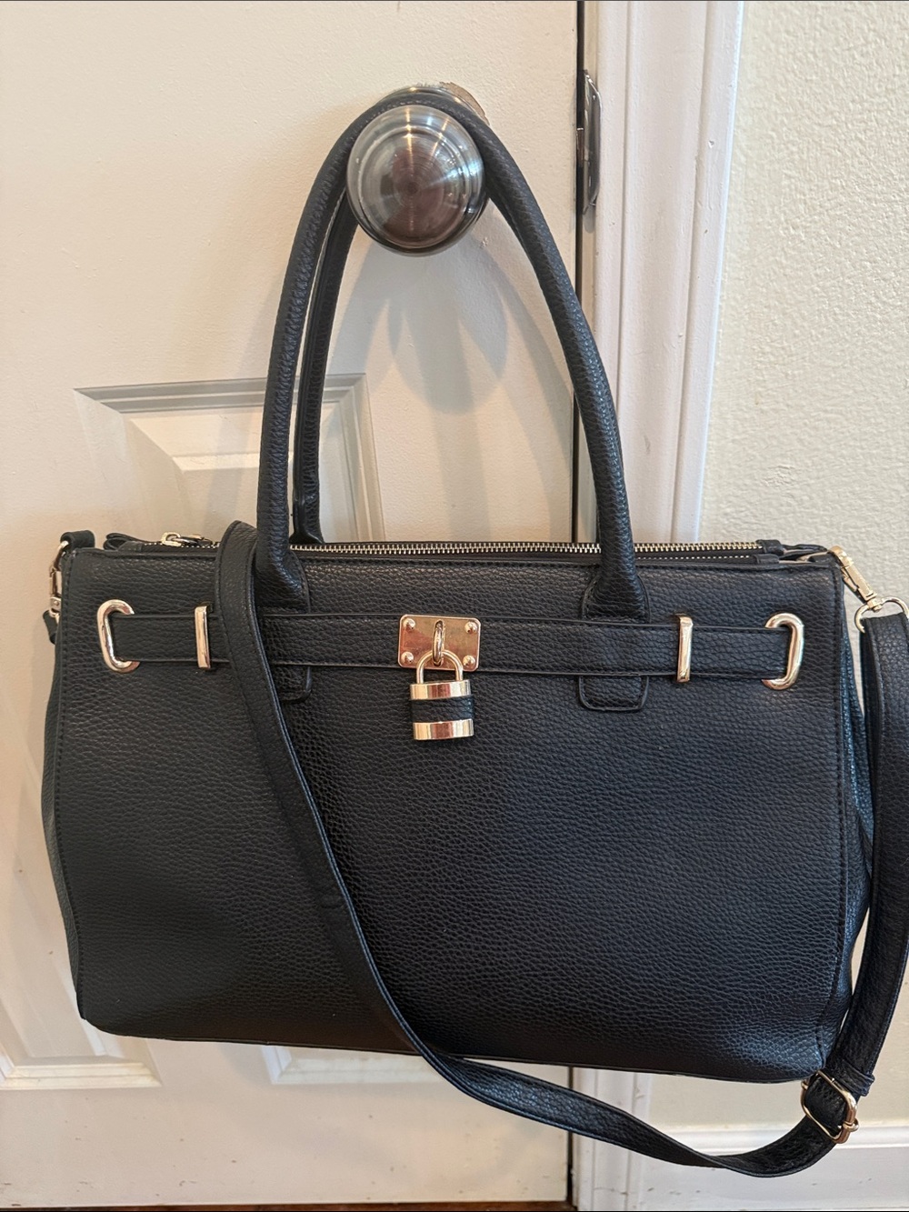 Black Satchel Handbag with Gold Padlock Accent